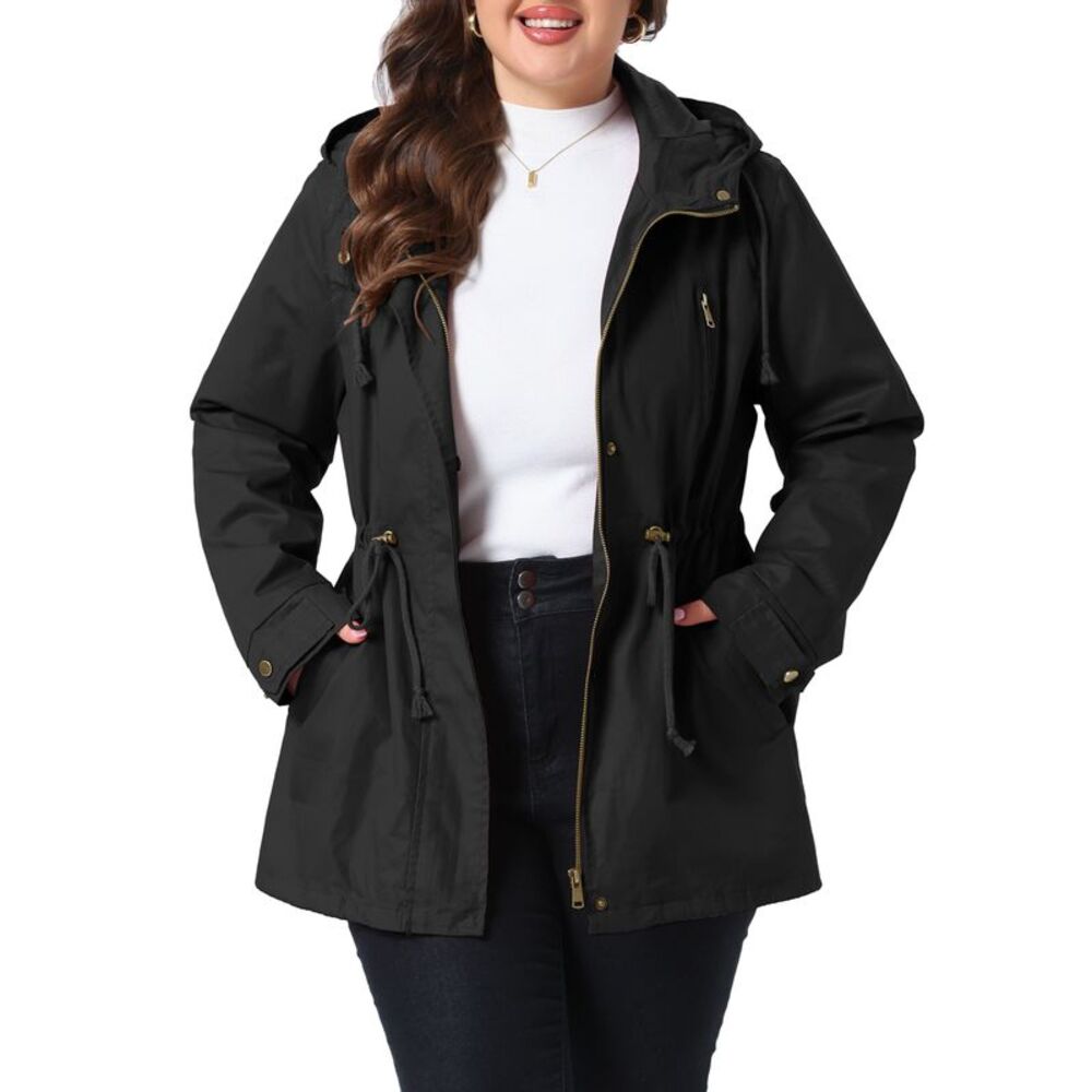 Women Plus Size Hooded Utility Parka Anorak Jacket Black